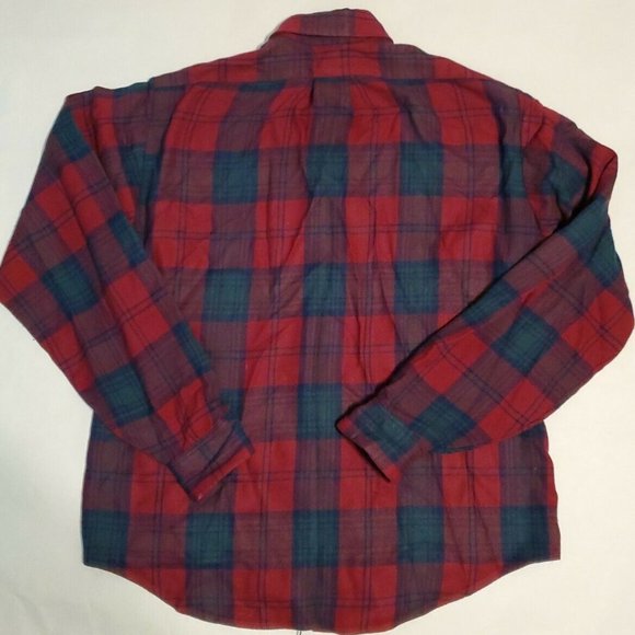 Vintage VAN HEUSEN Vanopress Wool Flannel Loop Collar Red Green Plaid Shirt Sz M - Picture 8 of 8